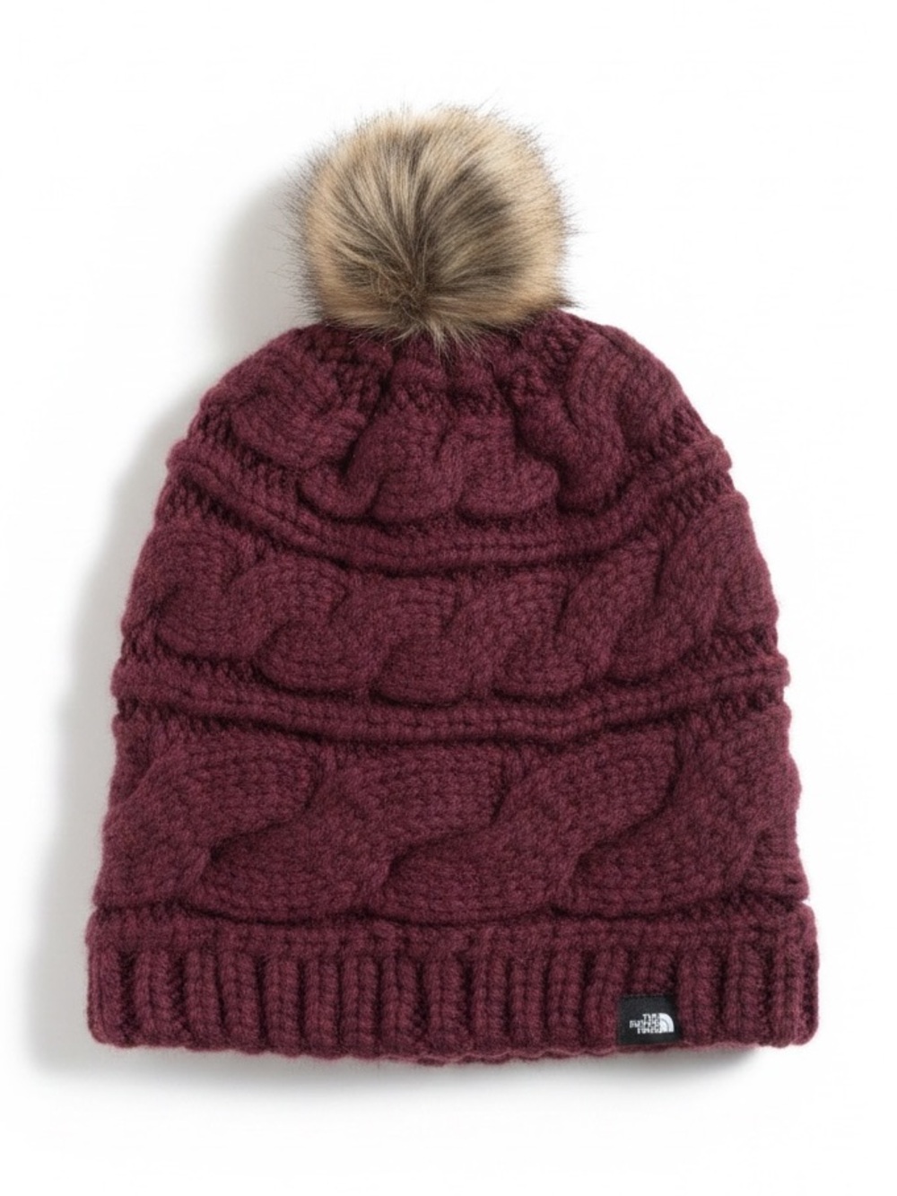 The North Face Cable Knit Pom Beanie Burgundy Faux Fur One Size